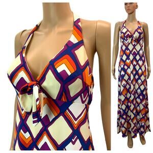 Vintage 70s Psychedelic Print Maxi Halter Dress | Empire Waist Colorful | XS/S
